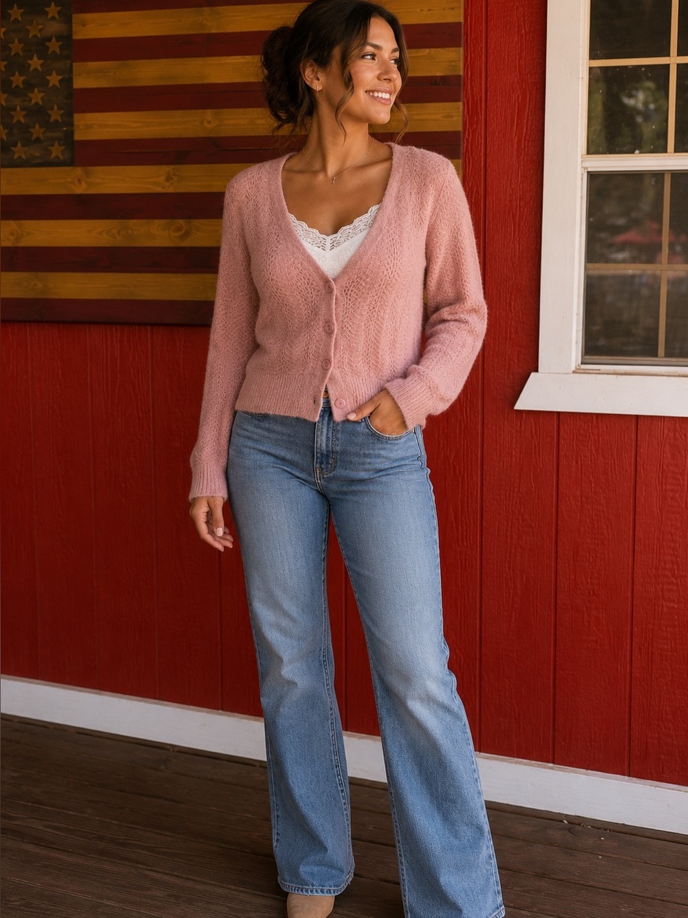 Double Zero Blush Pink Open-Front Knit Cardigan